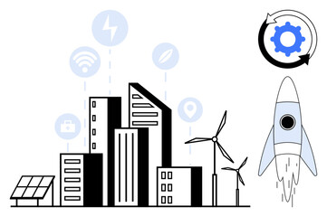 Fototapeta premium Urban buildings with wind turbines, solar panels, rocket, and icons for power, network, and sustainability. Ideal for technology, green energy, innovation progress eco-living city planning