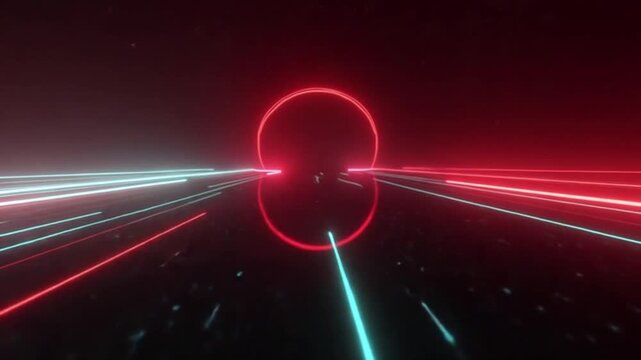 Red and Turquoise Futuristic Track with Neon Rings and Pulsating Markings Background VJ Loop in 4K