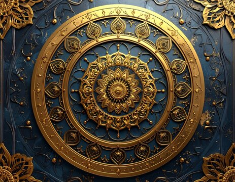 Ornate golden mandala on a dark blue background