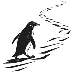 Fototapeta premium Penguin waddling on ice path silhouette