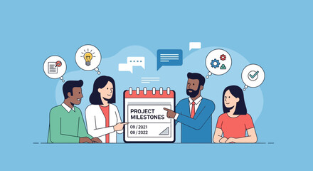 People planning project milestones on a calendar with icons.