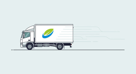White delivery truck with logo moving fast.