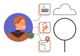 Person linked to cloud and task icons representing workflow concepts. Ideal for process management, decision-making, cloud technology, teamwork, productivity, automation, and innovation. Simple flat