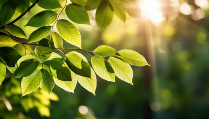Obraz premium A Vibrant Display Of Green Leaves Illuminated By Sunlight Creates A Tranquil Atmosphere