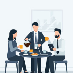 People in business attire having a meeting with coffee.
