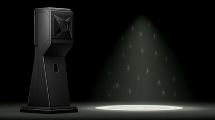 A black device projects a starry light pattern onto a dark surface, creating a focused illuminated circle on the ground.