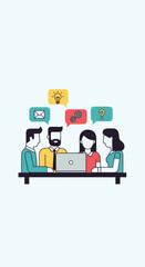 Fototapeta premium People collaborating around a table with communication icons above.