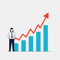 Person standing near a bar chart with an upward trending arrow.