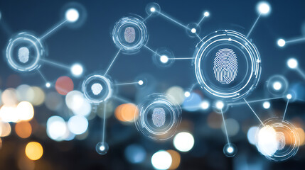 Digital fingerprint network visualization with interconnected nodes and biometric data in a futuristic interface