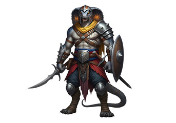 Fototapeta premium Powerful fantasy warrior in elaborate armor, holding a sword and shield, stands against a black background.