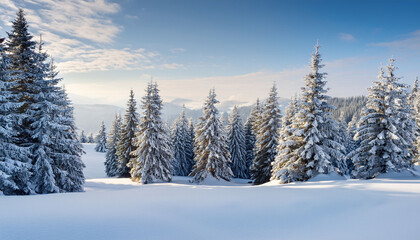 Fototapeta premium Snowy Pine Trees And White Winter Landscape