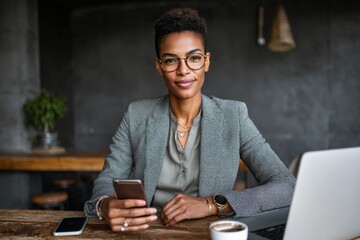 Confident african female young adult professional in office setting holding smartphone