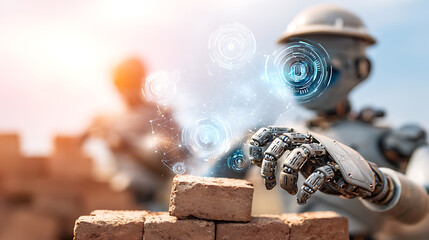 Robot constructing bricks with digital interface overlay in a construction setting