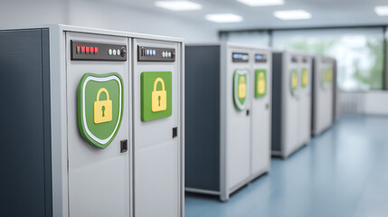 Row of secure server cabinets with lock icons in a data center