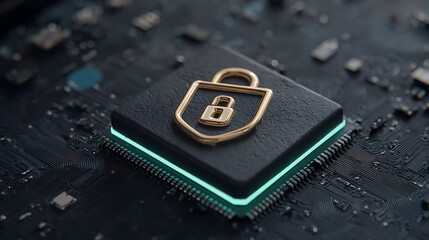 A secure microchip with a golden lock symbol on a circuit board, representing digital security and encryption technology.