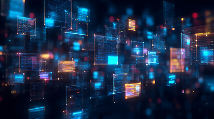 Digital data network with floating code panels and glowing nodes in a futuristic cyber space