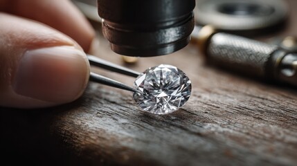 Closeup of expert hands examining a natural diamond under magnification highlighting clarity and cut quality with blurred background showcasing certification tools.
