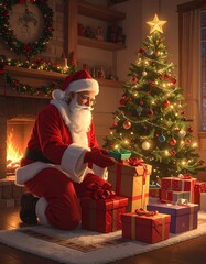 Santa preparing gifts by a fireplace