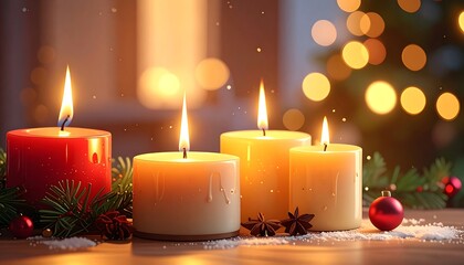 Warm, inviting Christmas scene featuring four lit candles, decorative greenery, and a festive bauble. Soft bokeh lights create a cozy atmosphere