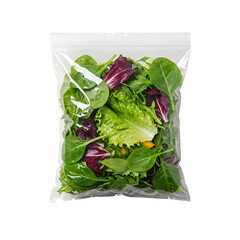 Fresh Mixed Salad Greens in Plastic Bag Isolated

