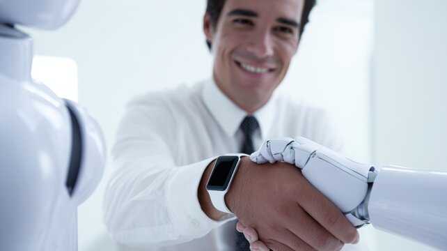Close-up of a businessman in a bright futuristic office shaking hands with a humanoid robot.
