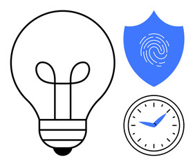 Naklejka premium Lightbulb for creativity, shield with fingerprint for security, clock for time management. Ideal for innovation, safety, efficiency, productivity, planning, responsibility and growth in a simple