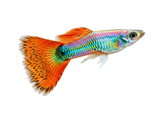 Vibrant and detailed profile view of a colorful aquarium fish, showcasing its iridescent scales and flowing tail fins against a stark black background.