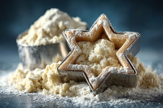 Flour mixture artfully arranged around a decorative star-shaped cookie cutter hinting at festive baking joy amid a textured blue backdrop showcasing a passion for culinary creativity and holiday - Powered by Adobe
