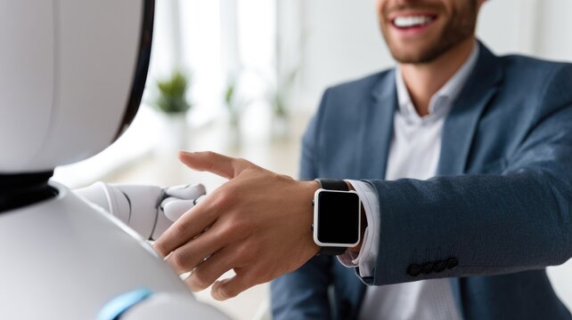 Close-up of a businessman in a bright futuristic office shaking hands with a humanoid robot.