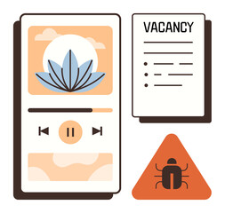 Smartphone screen displaying media player with nature theme, job vacancy documentation, and warning bug icon in triangle. Ideal for job recruitment, software testing, app design, error warning