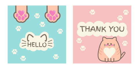 Vector cute card set with orange cat, paws and text: "Hello" and "Thank you". Sticker, vector illustration, template
