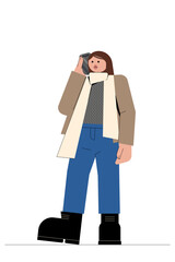 Woman talking on the mobile phone in a coat with scarf holding a smartphone. Vector autumn, fall illustration 

