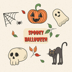 Happy Halloween element set, background vector. Cute groovy spooky ghost, pumpkin, skull, spider, web, black cat. Hand drawn adorable  festival illustration in doodle style for decoration, prints. 