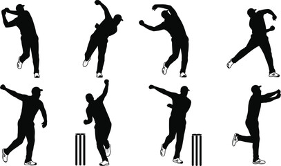Black Silhouettes of Cricket Players Isolated on a White Background, Demonstrating the Bowling Action and Batting Poses, Sports, Recreation.