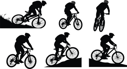 Black Silhouettes of a Male Mountain Biker Riding a Bicycle, Isolated on a White Background, Demonstrating Various Action Poses on a Hilly Terrain, Sports.