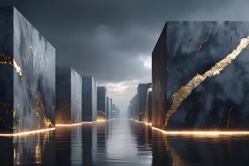 Ultra HD Cinematic Material Clash – Raw Concrete vs Polished Black Marble w/ Gold Veins – Super High-Res, Dramatic Light & Reflections for Luxury Ads, 3D & Print