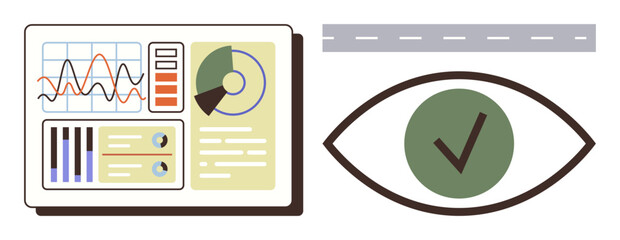 Analytical graphs, pie chart, and dashboard alongside an eye with a checkmark. Ideal for analytics, research, monitoring, statistics, vision, approval oversight simple flat metaphor