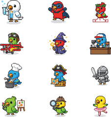 Fototapeta premium Parrots in Various Professions Pixel Art Vector
