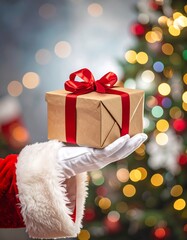 Santa's hand holding a gift box in front of a Christmas tree
