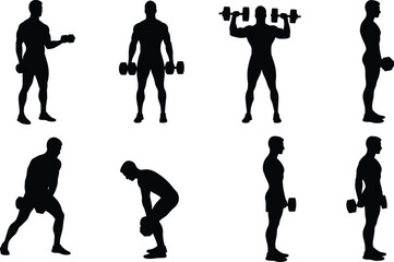 Black Silhouettes of a Male Bodybuilder Lifting Weights, Isolated on a White Background, Demonstrating Various Exercises with Dumbbells and a Barbell, Fitness, Sports.
