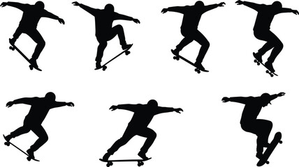 Black Silhouettes of Skateboarders Isolated on a White Background, Demonstrating Various Tricks and Action Poses, Extreme Sports, Urban Lifestyle.
