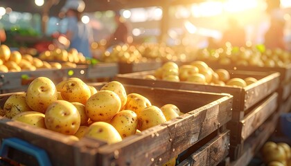 Warm sunlight bathes wooden crates overflowing with fresh, golden potatoes at a bustling outdoor market. Other people and produce are blurred in the background