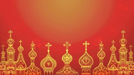 Stunning golden orthodox church domes with intricate patterns radiate divine light against a vibrant red background, evoking faith and tradition.