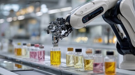 Robotic chemical analysis workstation capturing detailed fluid samples with the robotic gripper and sample container in crisp focus and surrounding environment out of focus.