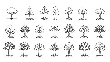 Diverse collection of hand-drawn tree illustrations