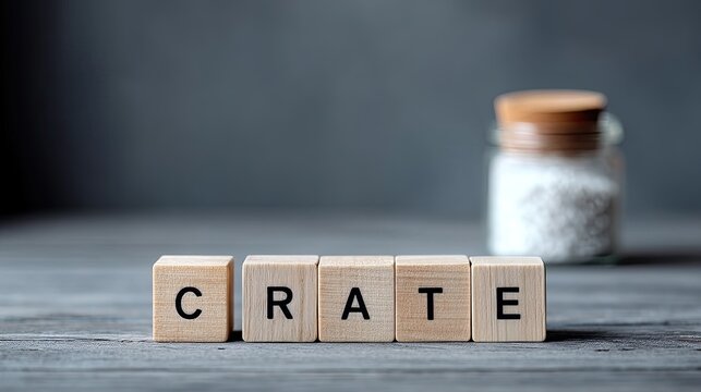 Wooden Scrabble Tiles Spelling Crate on Gray Wood Surface with a Glass Jar Filled with White Granules and Gray Backdrop