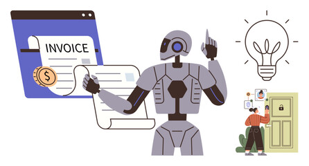 AI robot analyzing digital invoices, smart home security system with human interaction, and a glowing lightbulb symbolizing innovation. Ideal for automation, fintech, technology, AI, creativity