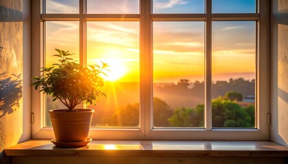 Warm sunset view through a white framed window with a potted plant on the sill, overlooking a green landscape