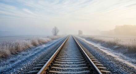Obraz premium Perspective view of frozen train tracks disappearing into a misty winter landscape with soft sunlight