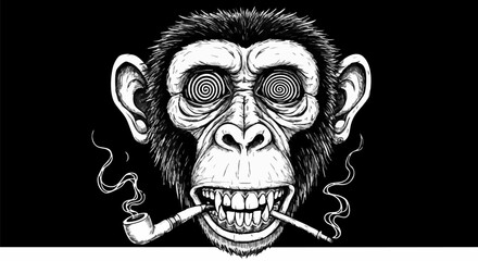 Intricate monkey portrait with swirling eyes smoking a pipe in black and white art